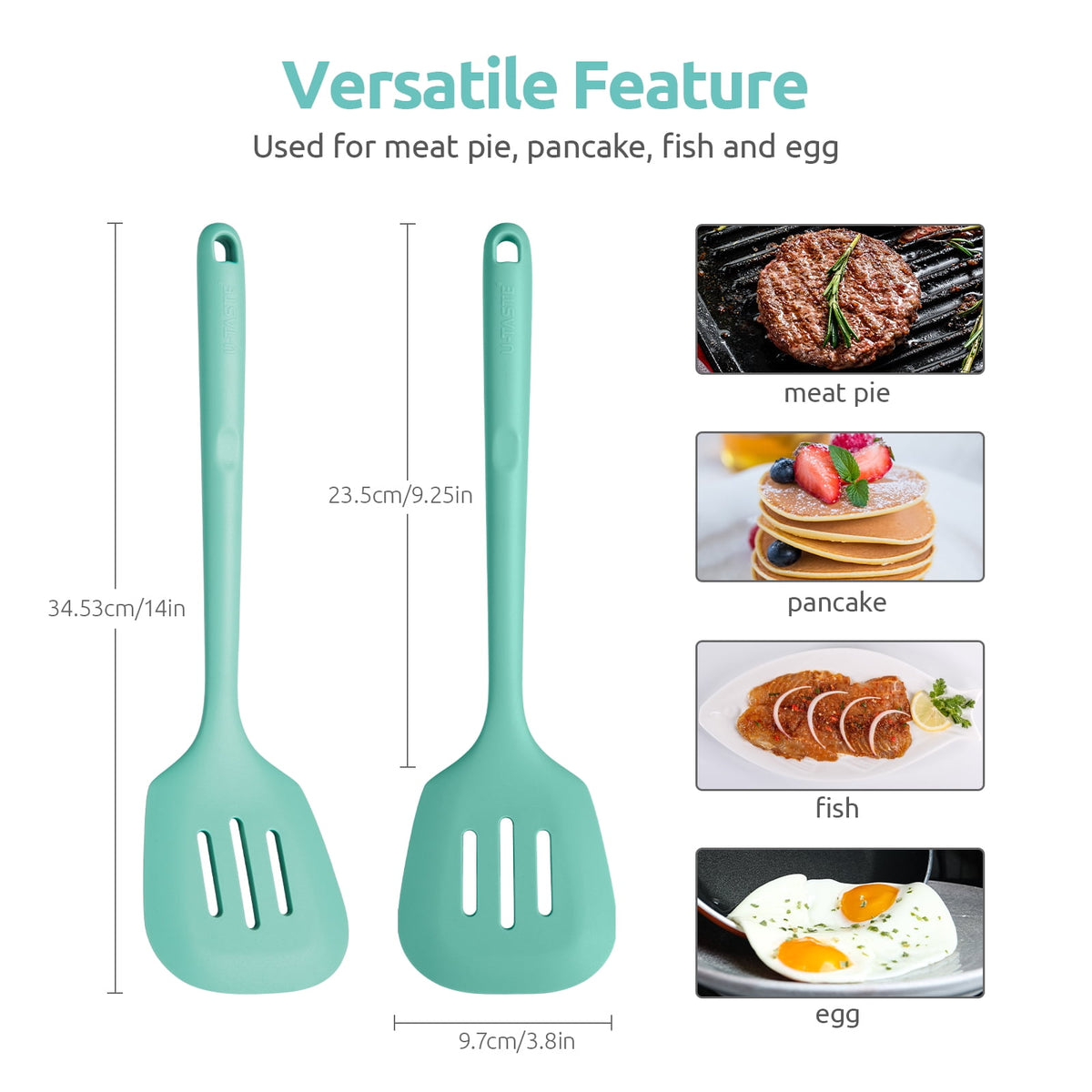 U-Taste 600°F Heat Resistant Silicone Turner, Slotted Kitchen Spatula Cooking Utensil for Flipping Egg Pancake, 13.6" Long/3.7" Wide, Aqua Sky