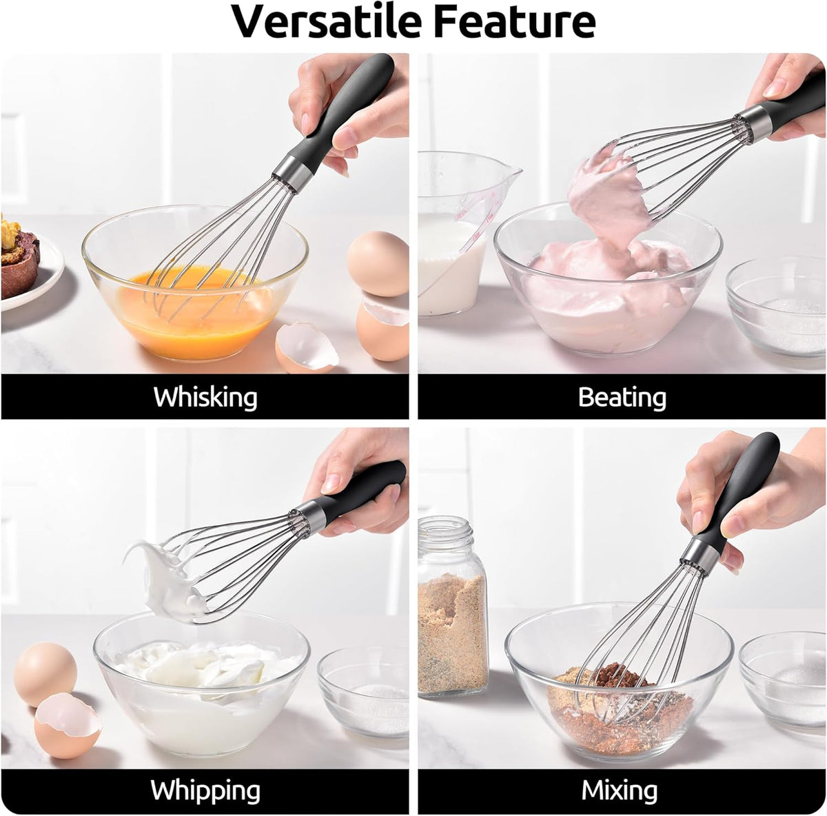U-Taste Kitchen Wire Whisk for Cooking, 18/10 Stainless Steel Egg Beater with 6 Wires, Baking Tool for Whisking Mixing Stirring, Small, Black