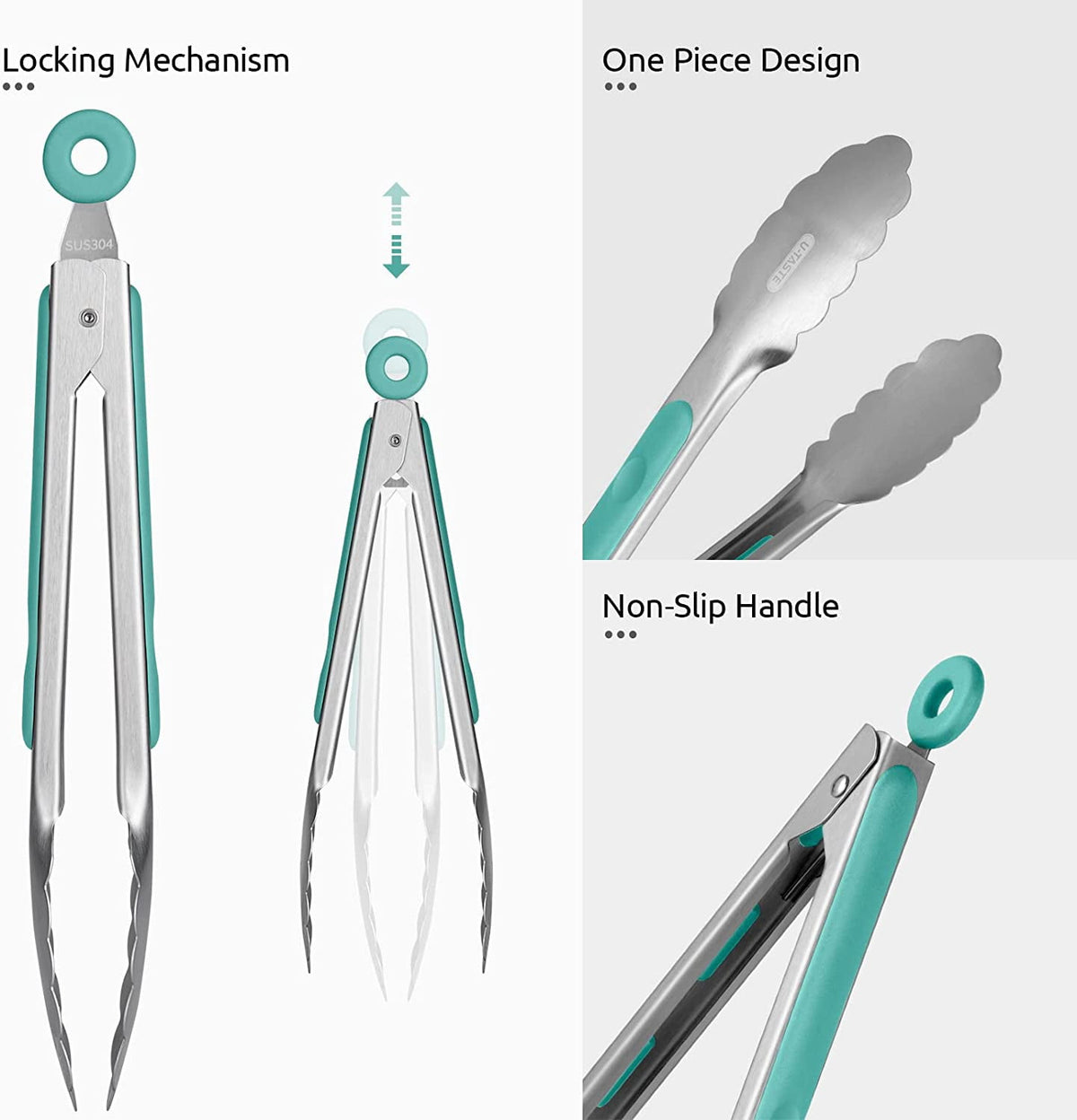 U-Taste 18/8 Stainless Steel Kitchen Tong for Cooking, Metal Tong Utensils Set for Food Serving, Rubber Salad/Grill/BBQ Tongs, 7/9/12in, Aqua Sky