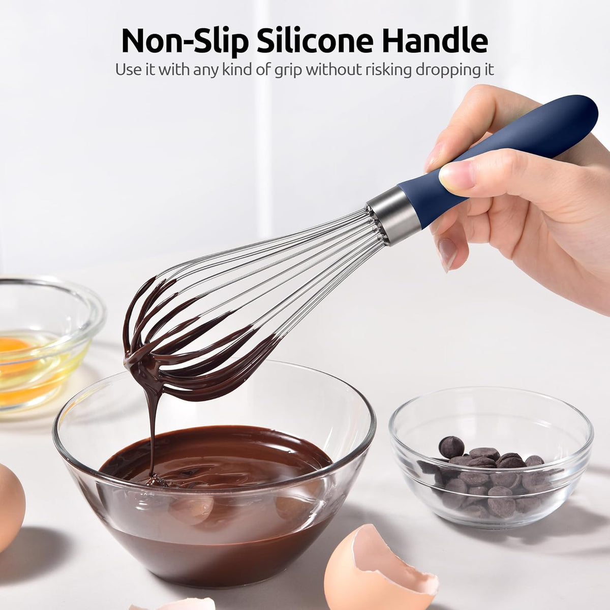 U-Taste Kitchen Wire Whisk for Cooking, 18/10 Stainless Steel Egg Beater with 6 Wires, Baking Tool for Whisking Mixing Stirring, Small, Midnight Blue
