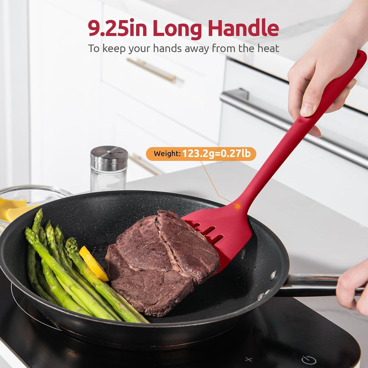 600°F Heat Resistant Silicone Turners: U-Taste 13.6in Long Solid & Slotted Kitchen Spatula Flipper, Food Grade Flexible Cooking Utensil for Flipping Egg, Pancake in Nonstick Cookware (Red, 2PCS)