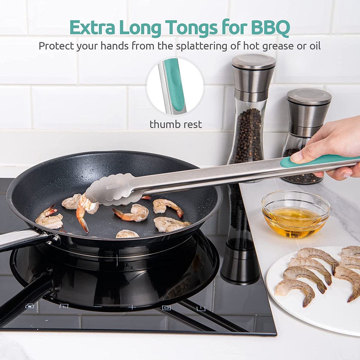 U-Taste 18/8 Stainless Steel Kitchen Tong for Cooking, Extra Long Large Food Tong for Outdoor BBQ Grilling, Non Slip Silicone Handle, 16in, Aqua Sky