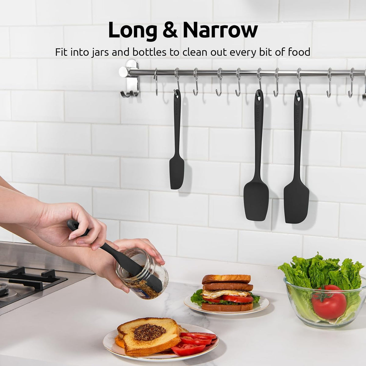 U-Taste Silicone Spatula Set of 4, 600°F High Heat Resistant Kitchen Cooking Utensils Baking Supplies, Food Grade Seamless Rubber Scraper, Black