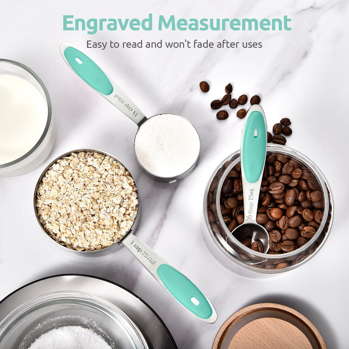 U-Taste 18/8 Stainless Steel Measuring Cups and Spoons Set, Metal Stacking Measure Set for Baking Cooking, Reinforced Welded Joints, 10Pcs, Aqua Sky