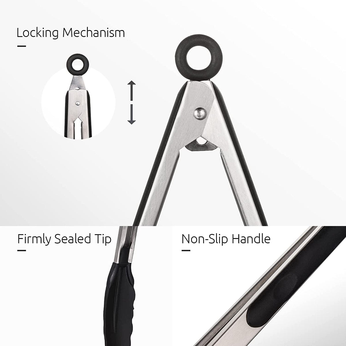 U-Taste 600ºF Heat-Resistant Kitchen Tongs for Cooking, Silicone Tong Utensils Set for Food Serving, Rubber Salad/Grill/BBQ Tongs, 7/9/12in, Black