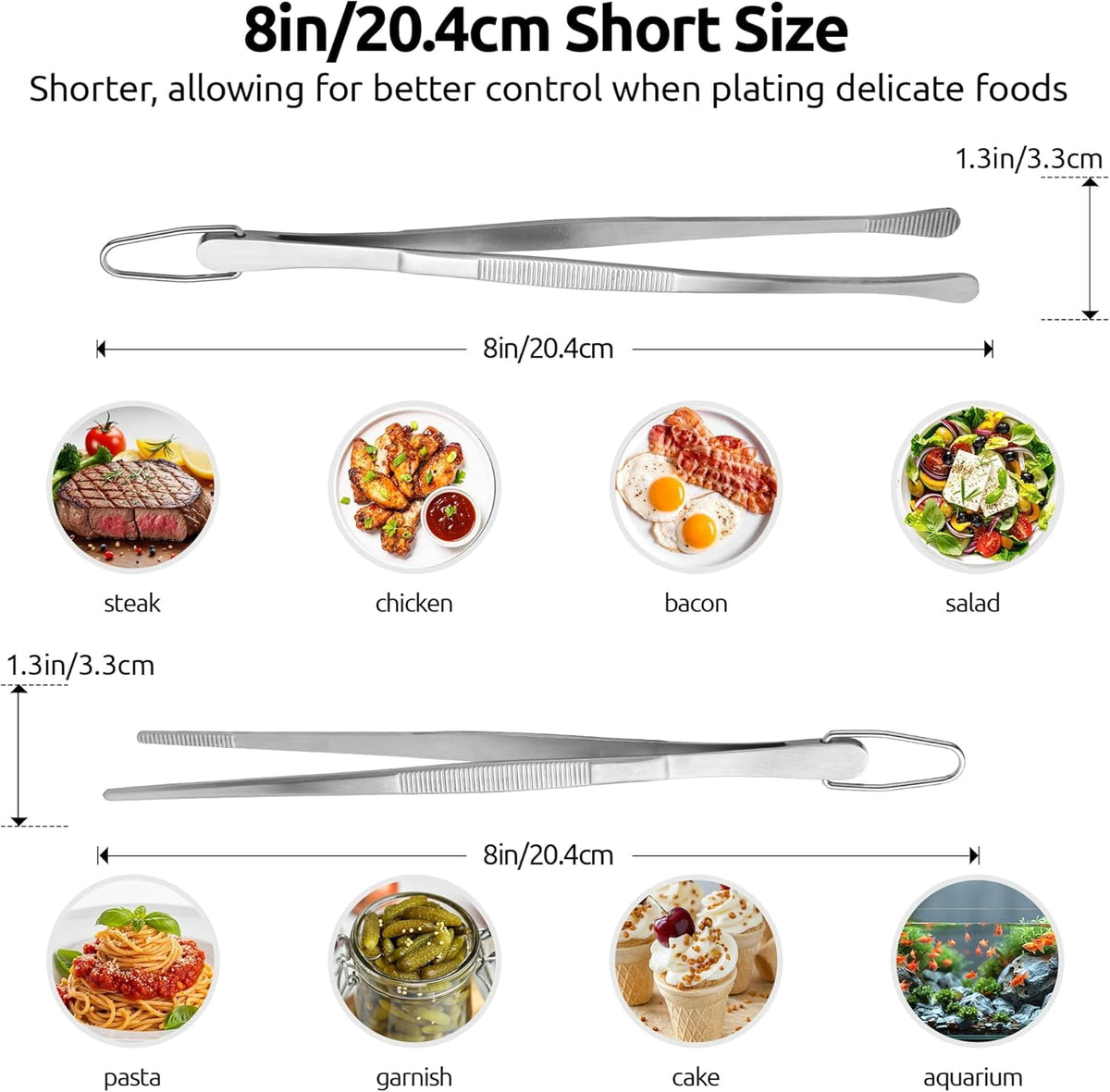 U-Taste Kitchen Cooking Tweezers, 18/8 Stainless Steel Food Grade Metal Food Tong Set, Non Slip Tips for Plating Serving Grill, 8in/Round+Pointed Tip
