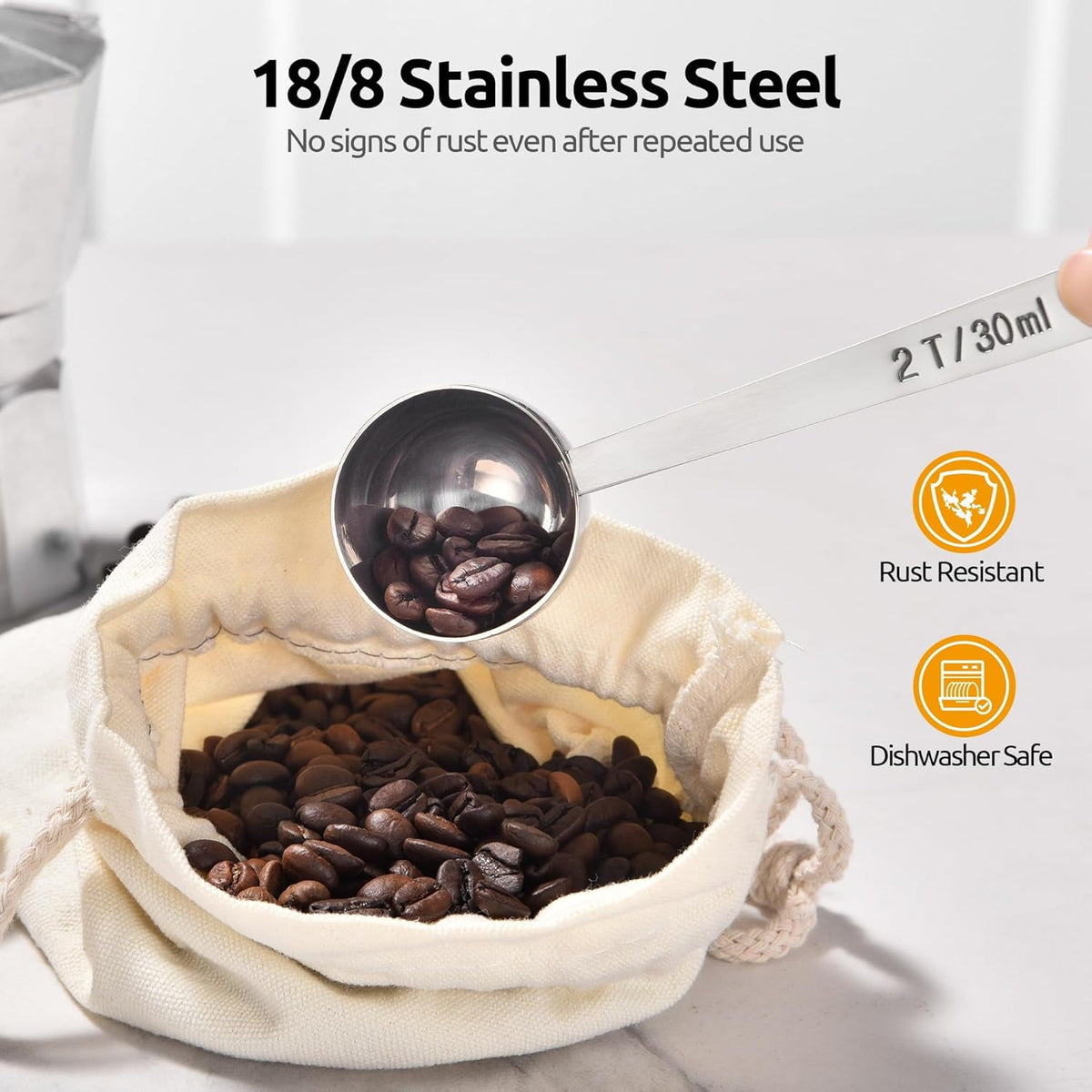 U-Taste Coffee Scoop 2 Tablespoon: 18/8 Stainless Steel Measuring Scooper for Ground Coffee Bean Espresso, 4.3in Long Handle Metal Meauring Spoon