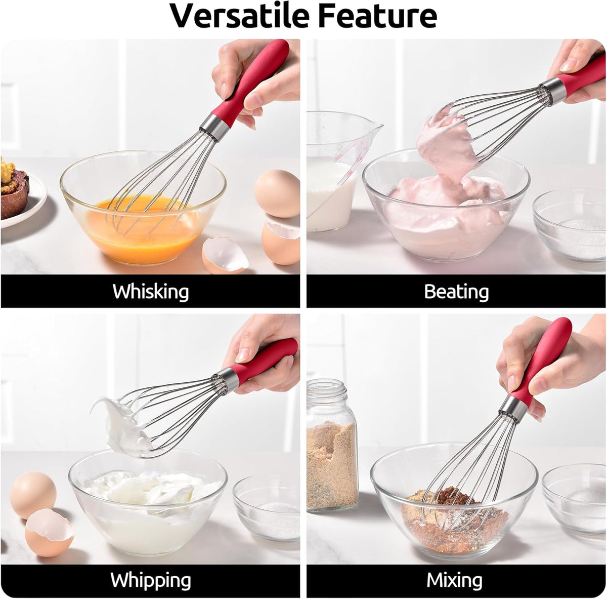 U-Taste Kitchen Wire Whisk for Cooking, 18/10 Stainless Steel Egg Beater with 6 Wires, Baking Tool for Whisking Mixing Stirring, Small, Red