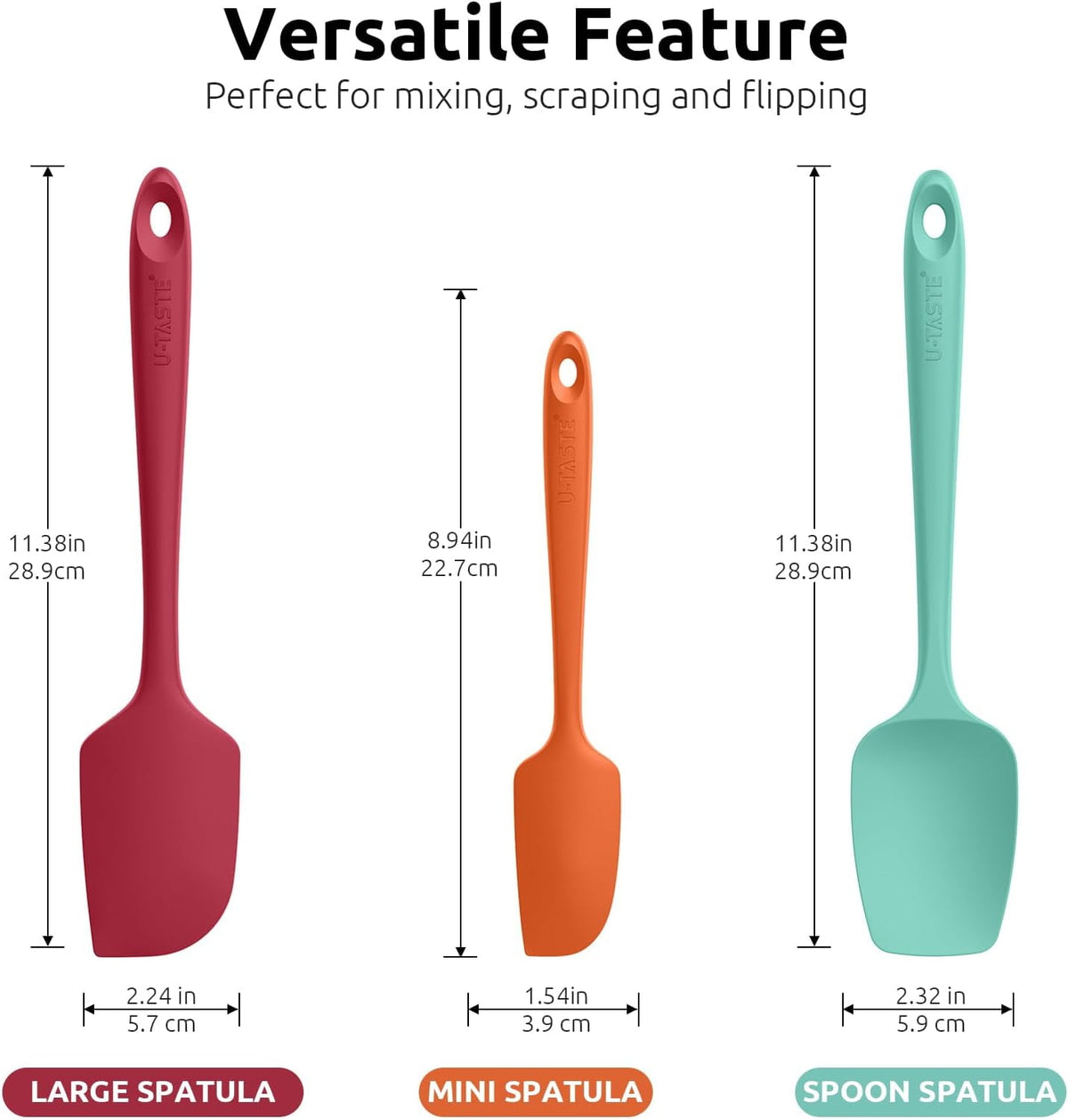 U-Taste Silicone Spatula Set of 3, 600°F High Heat Resistant Kitchen Cooking Utensils Baking Supplies, Food Grade Seamless Rubber Scraper, Multicolor