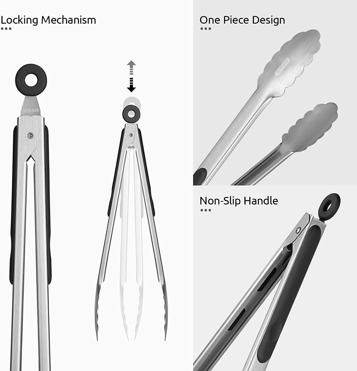U-Taste 18/8 Stainless Steel Kitchen Tong for Cooking, Long Large Metal Tong for Serving Food Grilling BBQ, Non Slip Silicone Handle, 12in, Black