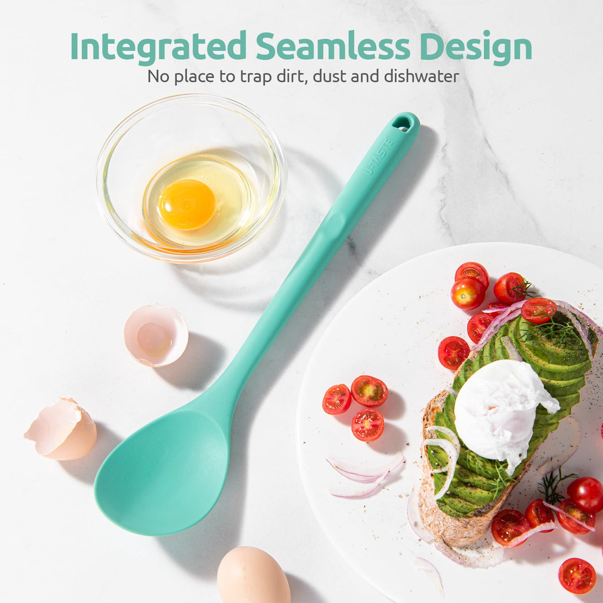 600°F Heat Resistant Silicone Spoon: U-Taste 13.6in Solid Kitchen Cooking Spoon, Nonstick BPA Free Large & Long Soup Rubber Utensil for Mixing, Serving, Stirring, Basting, for Pot Cookware (Aqua Sky)