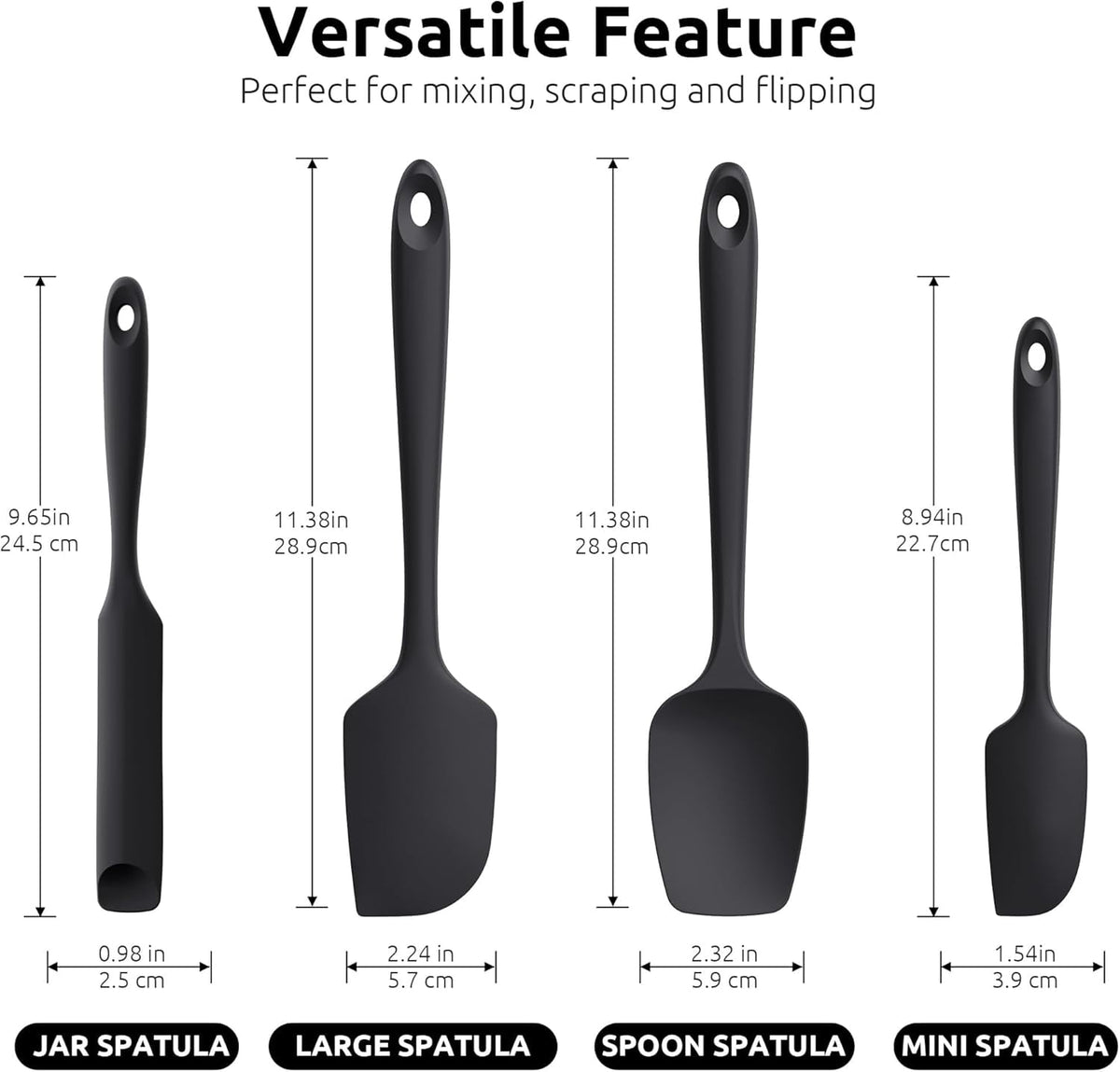 U-Taste 600ºF Heat Resistant Silicone Spatulas Set, Food Grade Baking Scraper Kitchen Cooking Utensils, Upgraded Sturdy Handle, 4Pcs, Black