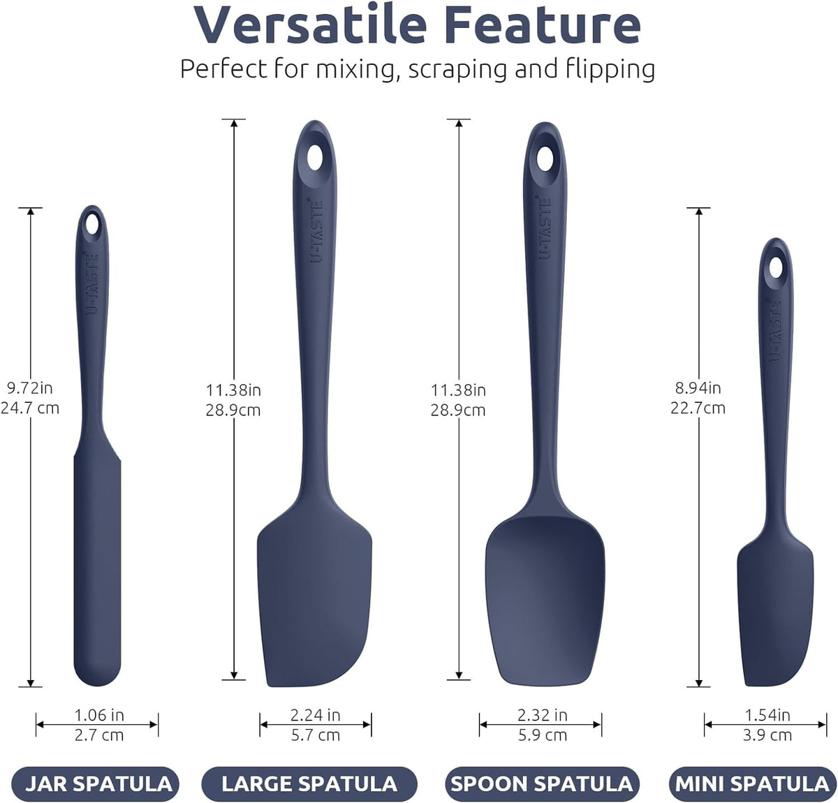 U-Taste 600°F High Heat Resistant Silicone Spatula Set of 4, BPA-Free Food Grade Kitchen Cooking Baking Mixing One Piece Seamless Flexible Rubber Scraper for Nonstick Cookware (Midnight Blue)