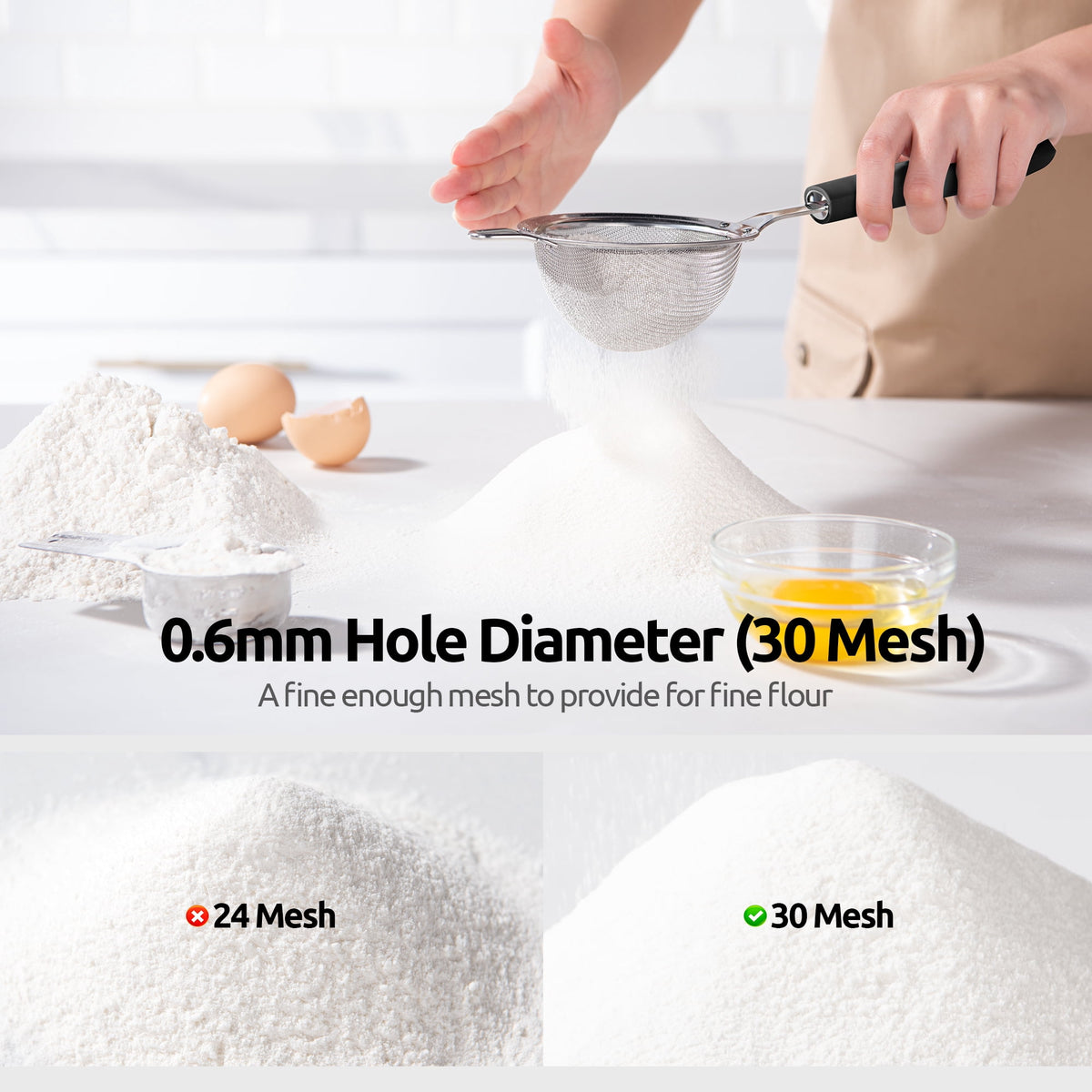 U-Taste 18/8 Stainless Steel Mesh Strainer, 30 Mesh Fine Sieve Food Strainer, Kitchen Colander for Straining Quinoa/Flour/Pasta/Fruit, 3.9in, Black