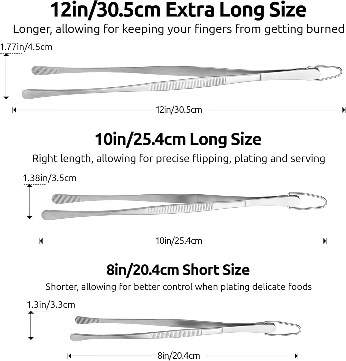 U-Taste Kitchen Cooking Tweezers, 18/8 Stainless Steel Food Grade Metal Food Tong with Non Slip Tips for Plating Serving Grilling, 8+10+12in/Round Tip