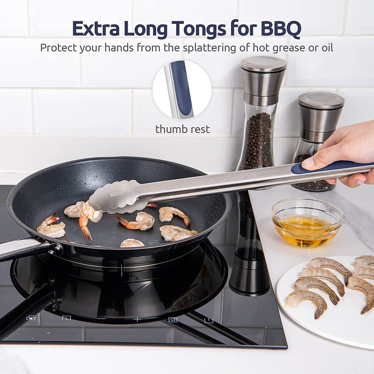 U-Taste 18/8 Stainless Steel Kitchen Tong for Cooking, Extra Long Large Food Tong for Outdoor BBQ Grilling, Non Slip Silicone Handle, 16in, Blue
