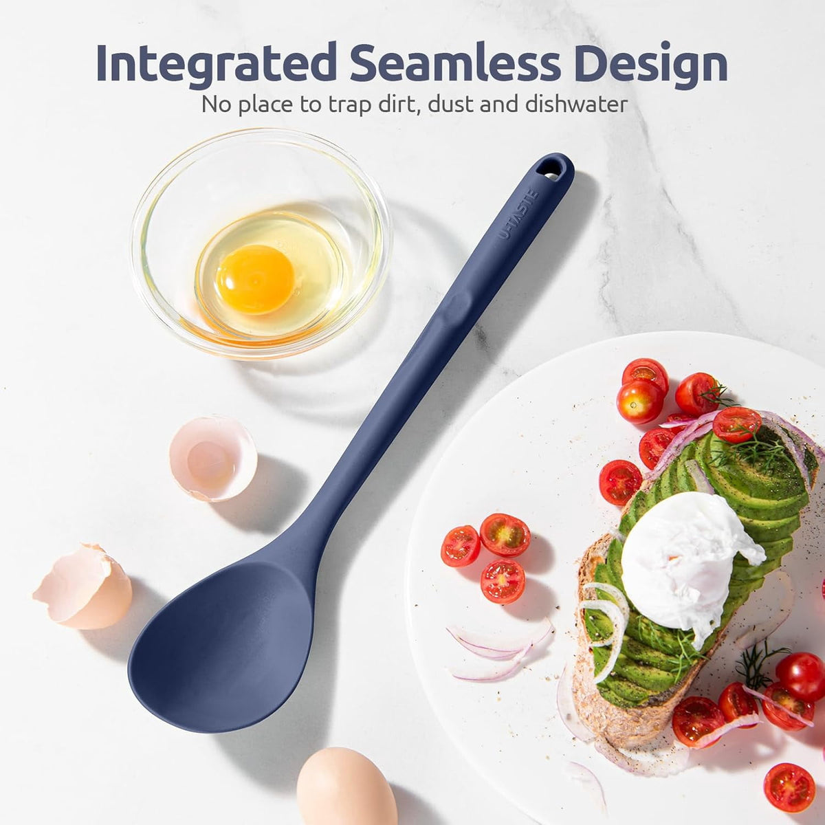 U-Taste 600°F Heat Resistant Silicone Spoons Set of 2, 13.3in Long Large Cooking Spoon, Kitchen Utensil for Mixing/Stirring/Serving, Midnight Blue