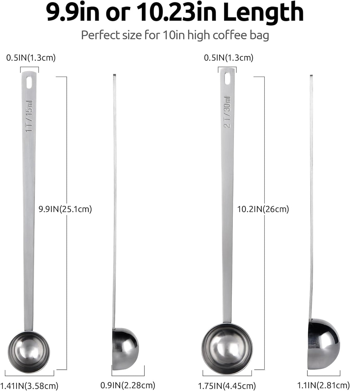 U-Taste Coffee Scoop 1 & 2 Tablespoon: 18/8 Stainless Steel Measuring Scooper for Ground Coffee, Bean, Powder, Espresso, 8.5in Long Handle Metal Meaure Spoon for Canister, Jar (15ml+30ml, Silver)