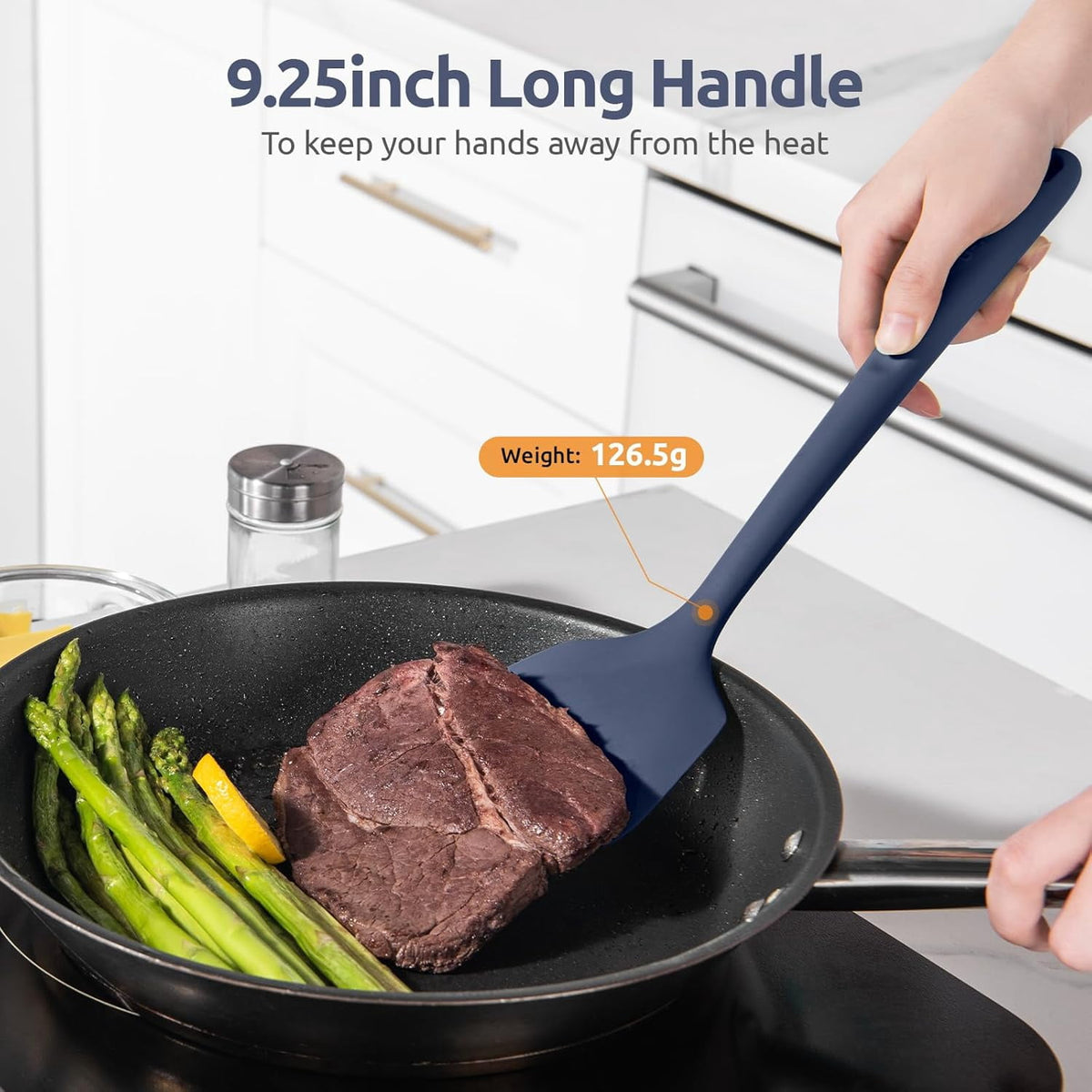 U-Taste 600°F Heat Resistant Silicone Turner Spatula Set of 2, Kitchen Cooking Utensils for Flipping Egg Pancake, 13.6" Long/3.7" Wide, Midnight Blue