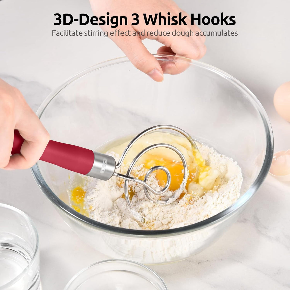 U-Taste Danish Dough Whisk, 18/8 Stainless Steel Sourdough Mixer Tool, Long Handle Dutch Bread Wisk for Mixing/Stirring/Kneading Batter, 12.6in , Red
