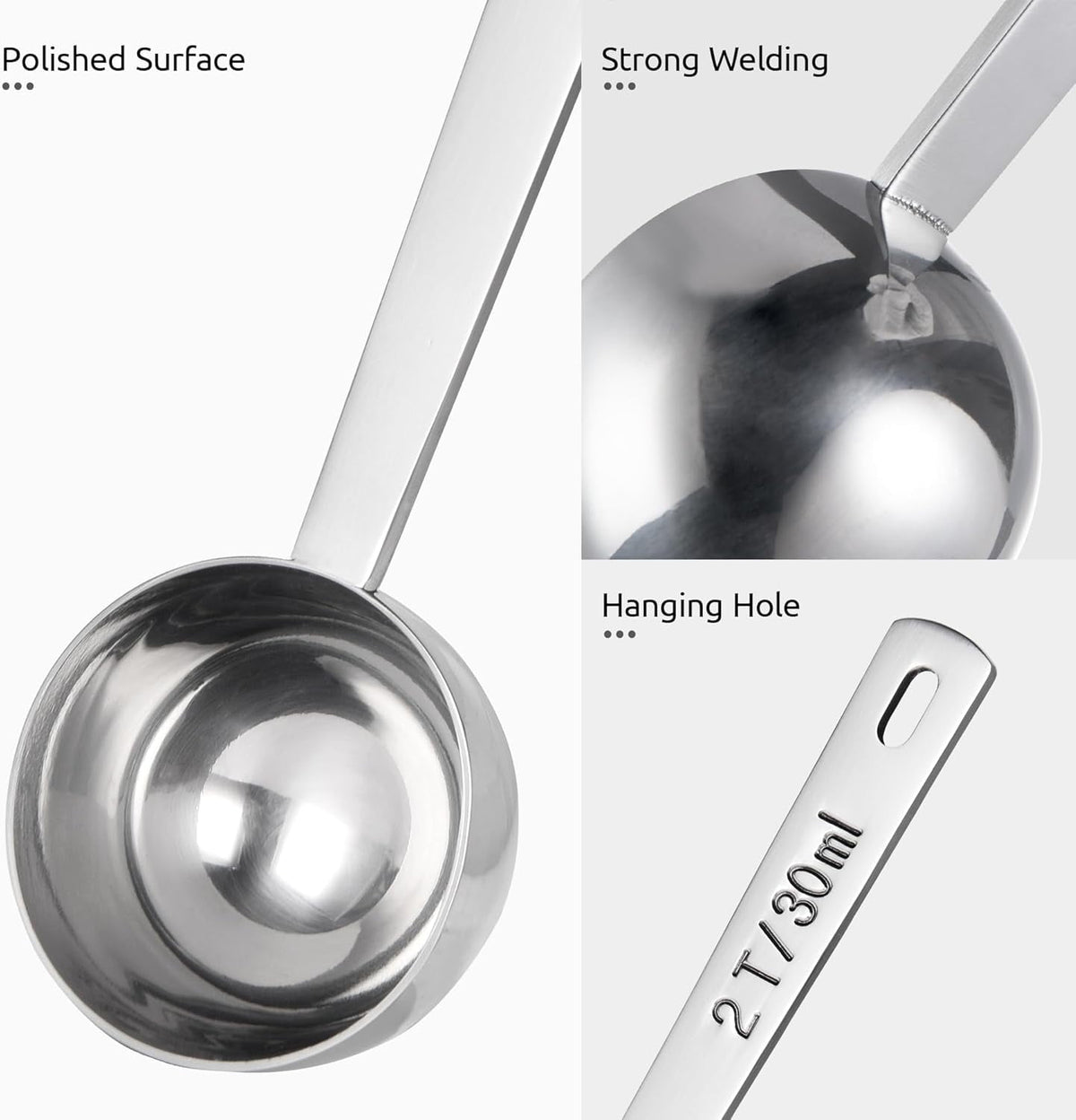U-Taste Coffee Scoop 2 Tablespoon: 18/8 Stainless Steel Measuring Scooper for Ground Coffee Bean Espresso, 4.3in Long Handle Metal Meauring Spoon