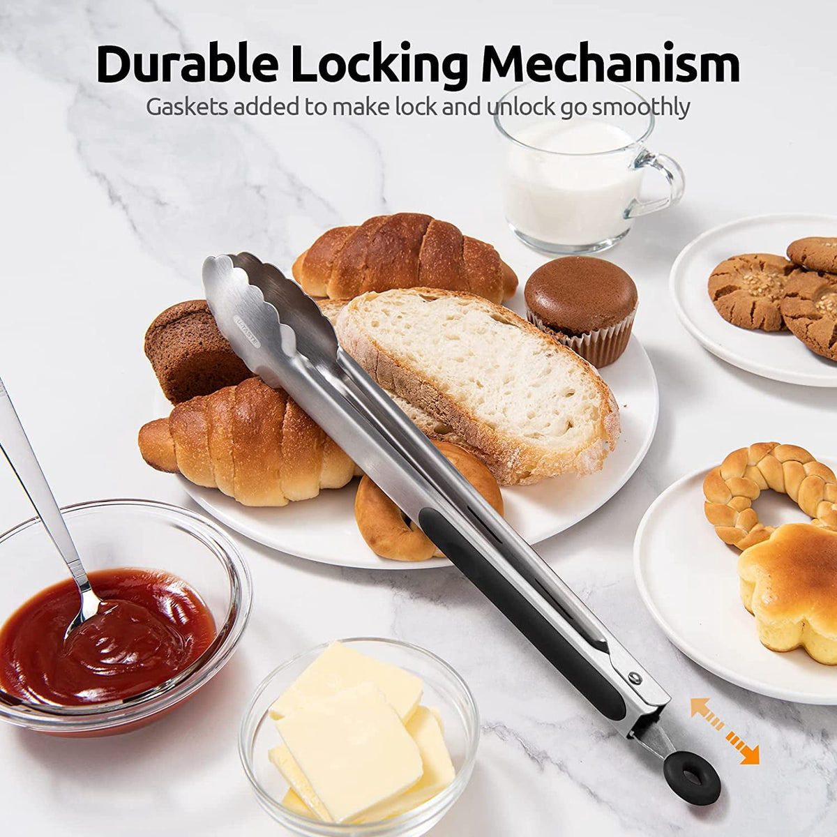 U-Taste 18/8 Stainless Steel Kitchen Tong for Cooking, Long Large Metal Tong for Serving Food Grilling BBQ, Non Slip Silicone Handle, 12in, Black