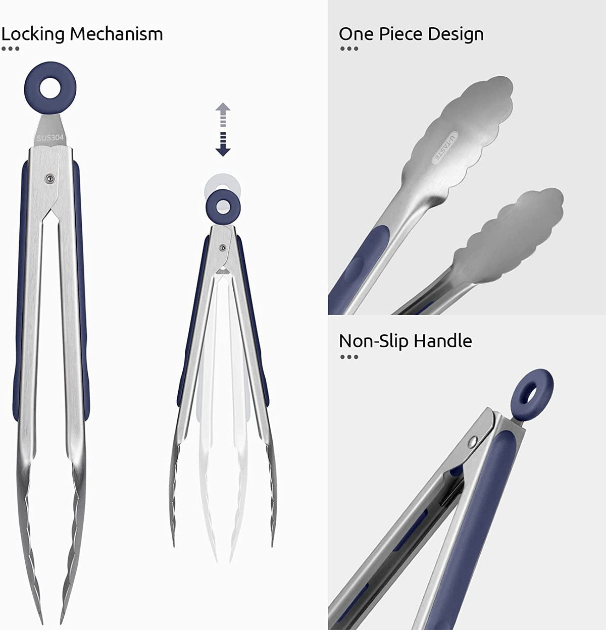 U-Taste 18/8 Stainless Steel Kitchen Tong for Cooking, Metal Tong Utensils Set for Food Serving, Rubber Salad/Grill/BBQ Tongs, 7/9/12in, Midnight Blue