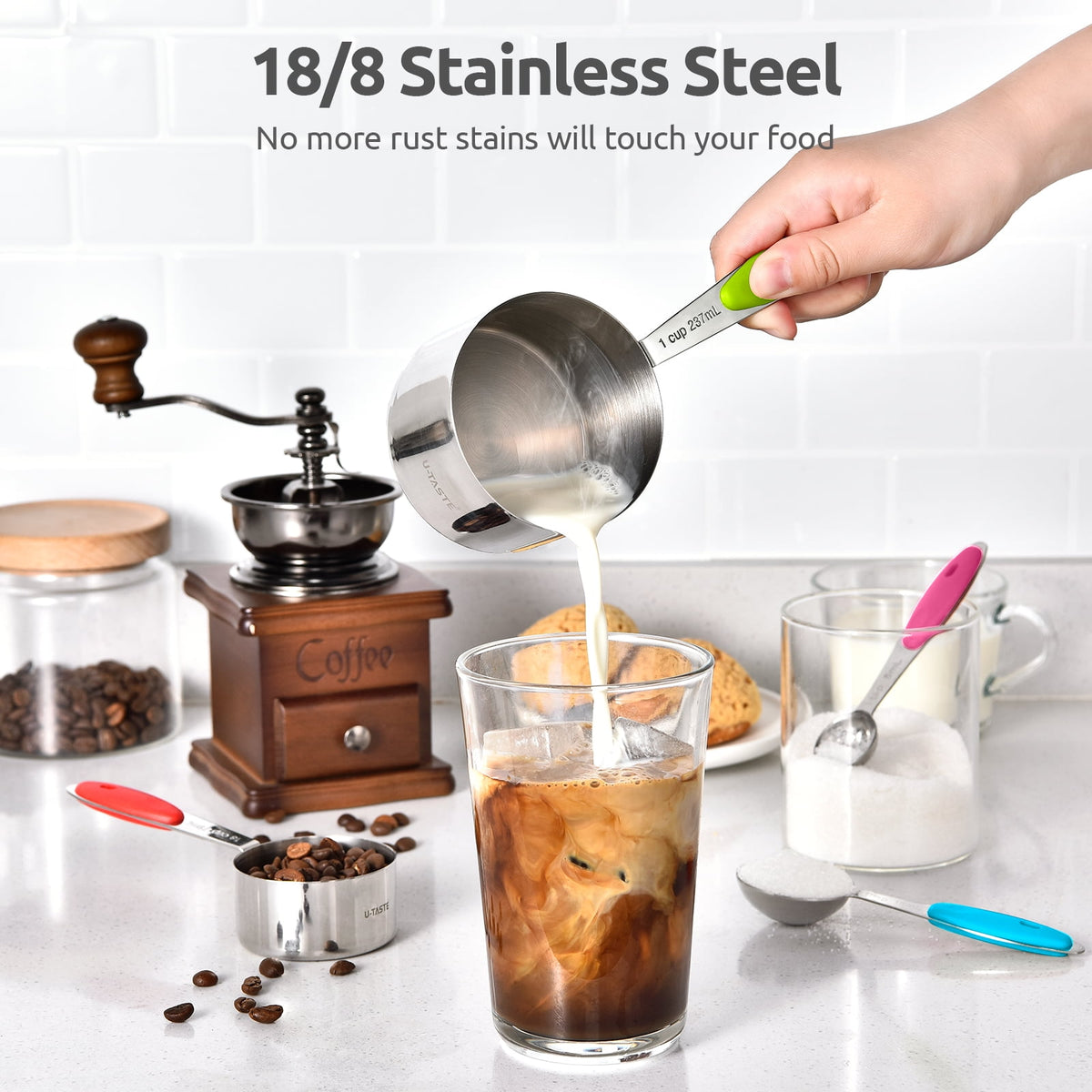 U-Taste 18/8 Stainless Steel Measuring Cups and Spoons Set, Metal Stacking Measure Set for Baking Cooking, Reinforced Welded Joints, 12Pcs, Multicolor