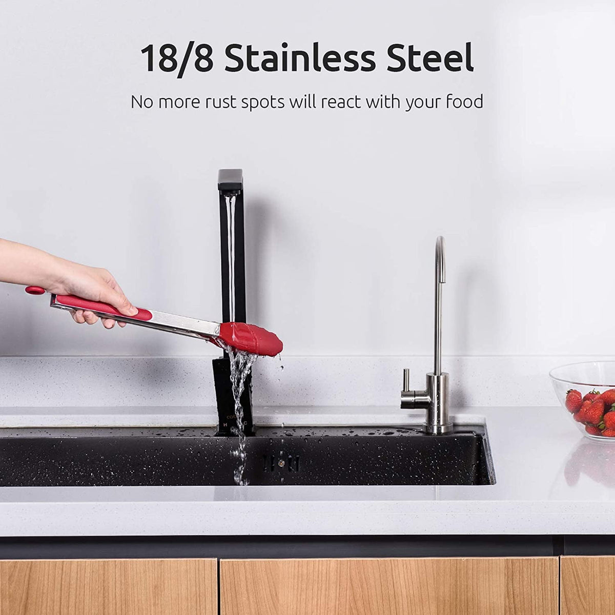 U-Taste 600ºF Heat-Resistant Kitchen Tongs for Cooking, Silicone Tong Utensils Set for Food Serving, Rubber Salad/Grill/BBQ Tongs, 7/9/12in, Red