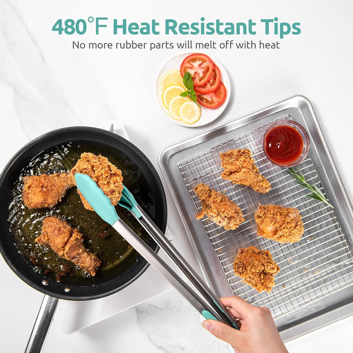 U-Taste Kitchen Tong for Cooking, 480ºF Heat-Resistant Silicone Tips, Extra Long Large Food Tong for Outdoor BBQ Grilling Grabbing, 16in, Aqua Sky