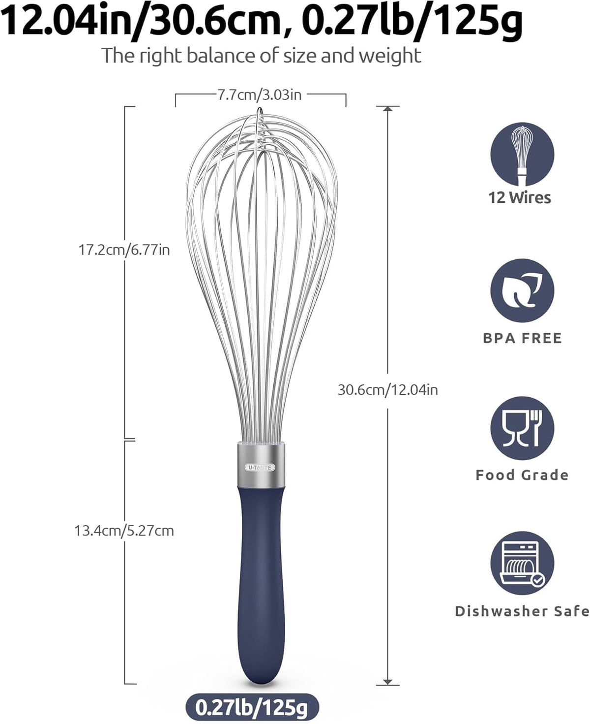U-Taste Kitchen Wire Whisk for Cooking, 18/10 Stainless Steel Egg Beater with 12 Wires, Baking Tool for Whisking Mixing Stirring, L, Midnight Blue