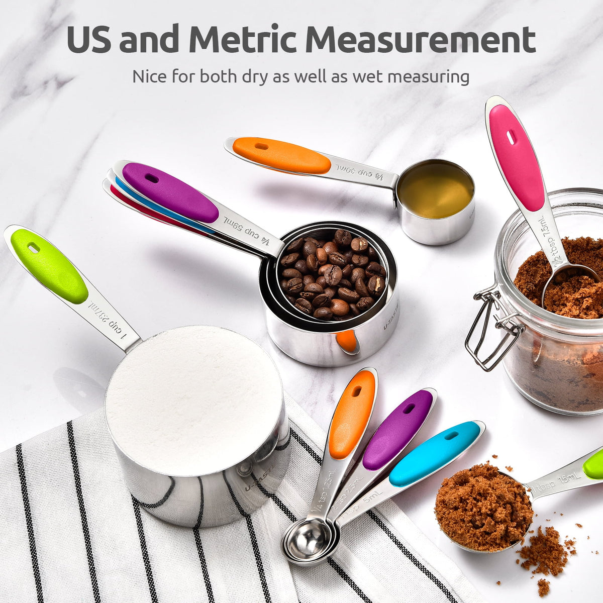 U-Taste 18/8 Stainless Steel Measuring Cups and Spoons Set, Metal Stacking Measure Set for Baking Cooking, Reinforced Welded Joints, 12Pcs, Multicolor