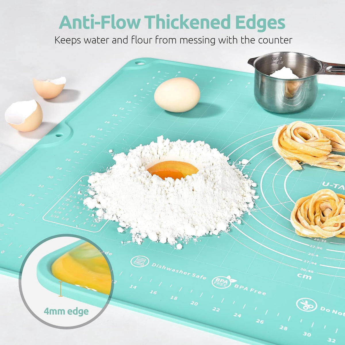 U-Taste 28"x20" Silicone Pastry Mat, Food Grade Dough Rolling Baking Sheet, Non Slip for Kneading Pizza Cookie Pie Crust, Clear Measurement, Aqua Sky