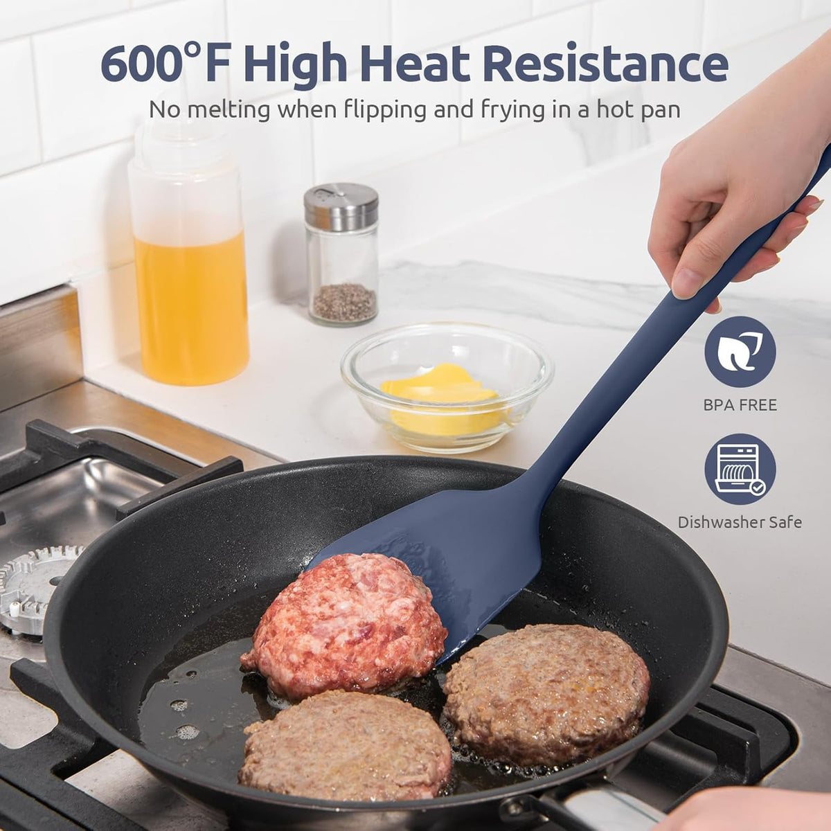 U-Taste 600°F Heat Resistant Silicone Turner Spatula Set of 2, Kitchen Cooking Utensils for Flipping Egg Pancake, 13.6" Long/3.7" Wide, Midnight Blue