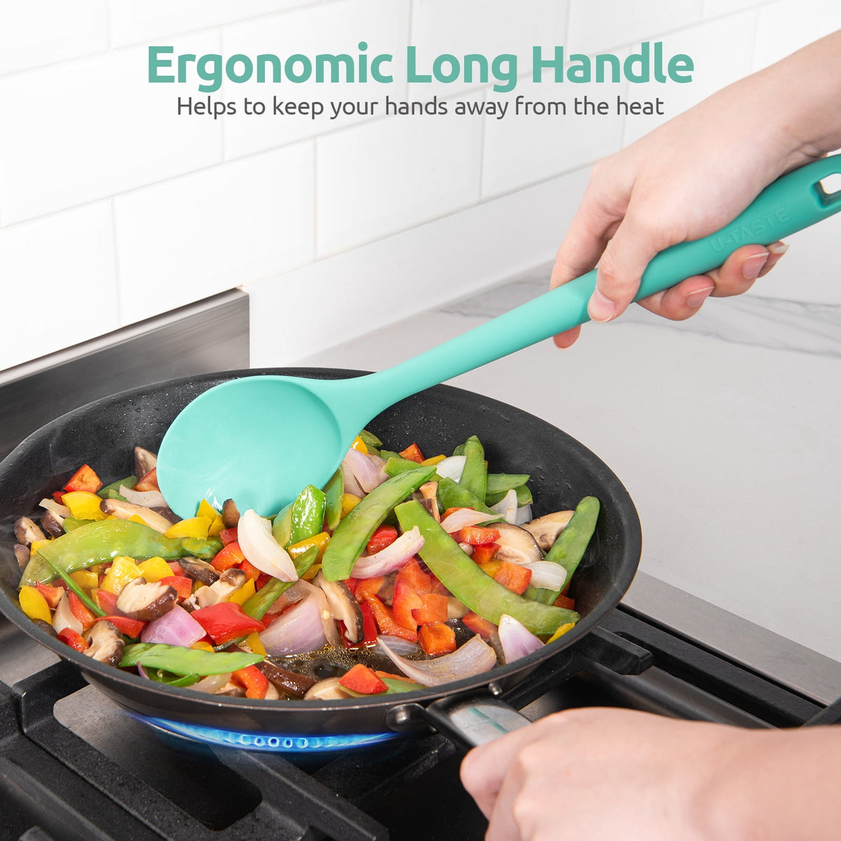 600°F Heat Resistant Silicone Spoon: U-Taste 13.6in Solid Kitchen Cooking Spoon, Nonstick BPA Free Large & Long Soup Rubber Utensil for Mixing, Serving, Stirring, Basting, for Pot Cookware (Aqua Sky)