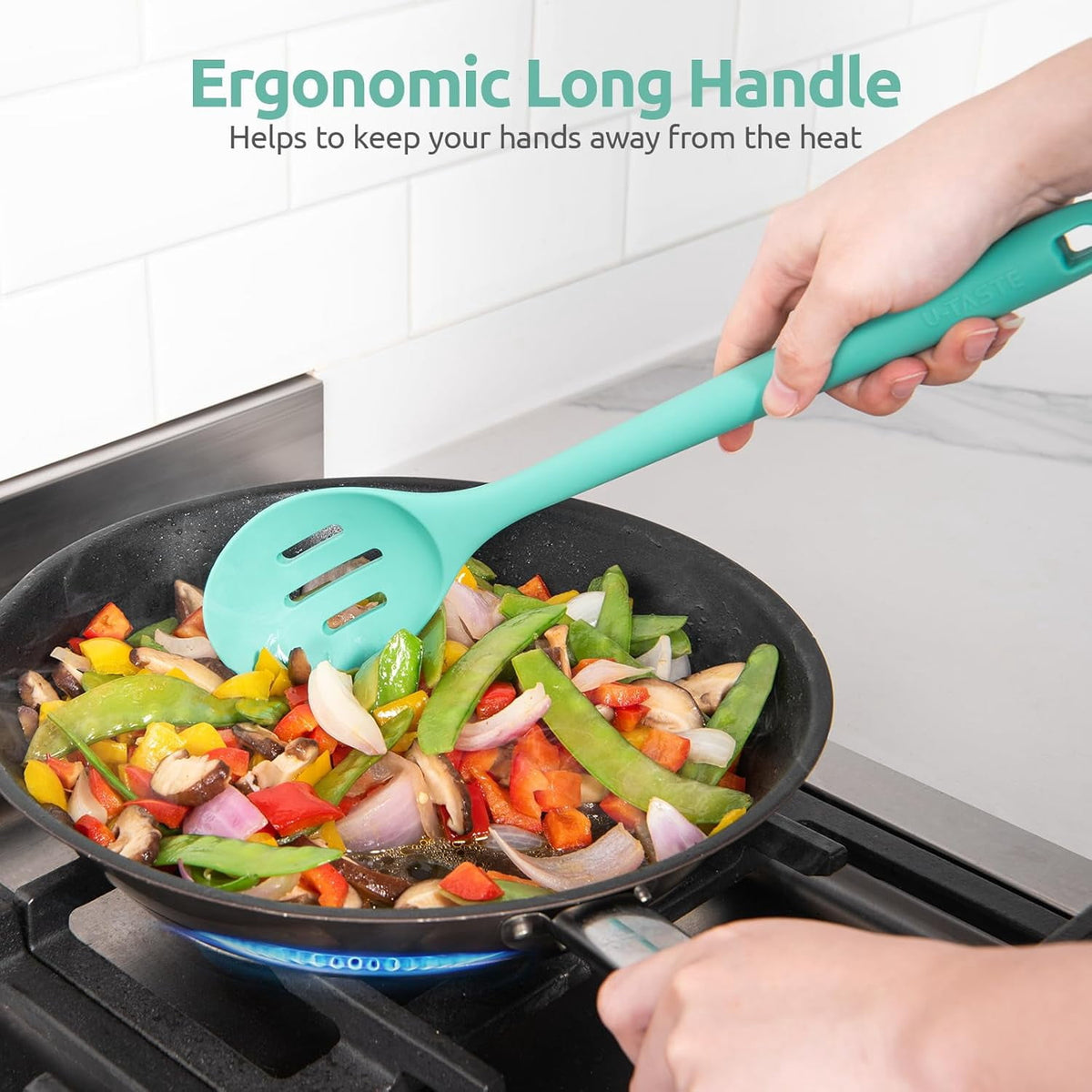 U-Taste 600°F Heat Resistant Silicone Spoons Set of 2, 13.3in Long Large Cooking Spoon, Rubber Kitchen Utensil for Mixing/Stirring/Serving, Aqua Sky