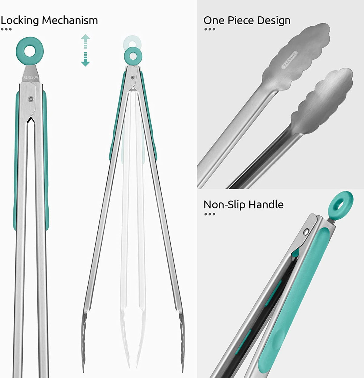 U-Taste 18/8 Stainless Steel Kitchen Tong for Cooking, Extra Long Large Food Tong for Outdoor BBQ Grilling, Non Slip Silicone Handle, 16in, Aqua Sky