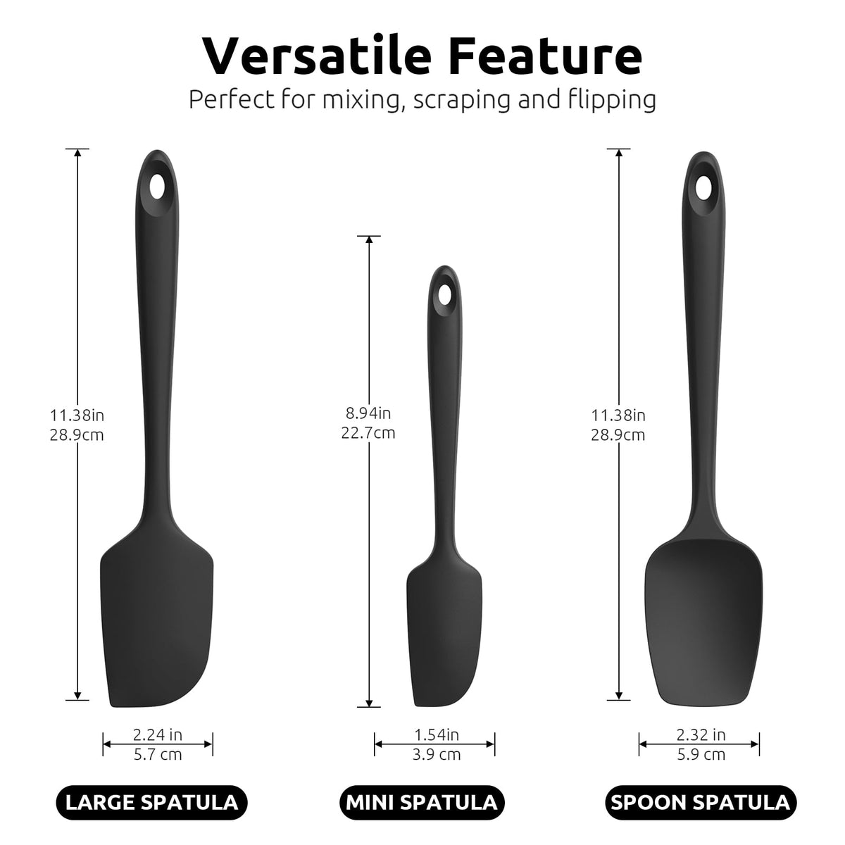 U-Taste Silicone Spatula Set of 3, 600°F High Heat Resistant Kitchen Cooking Utensils Baking Supplies, Food Grade Seamless Rubber Scraper, Black