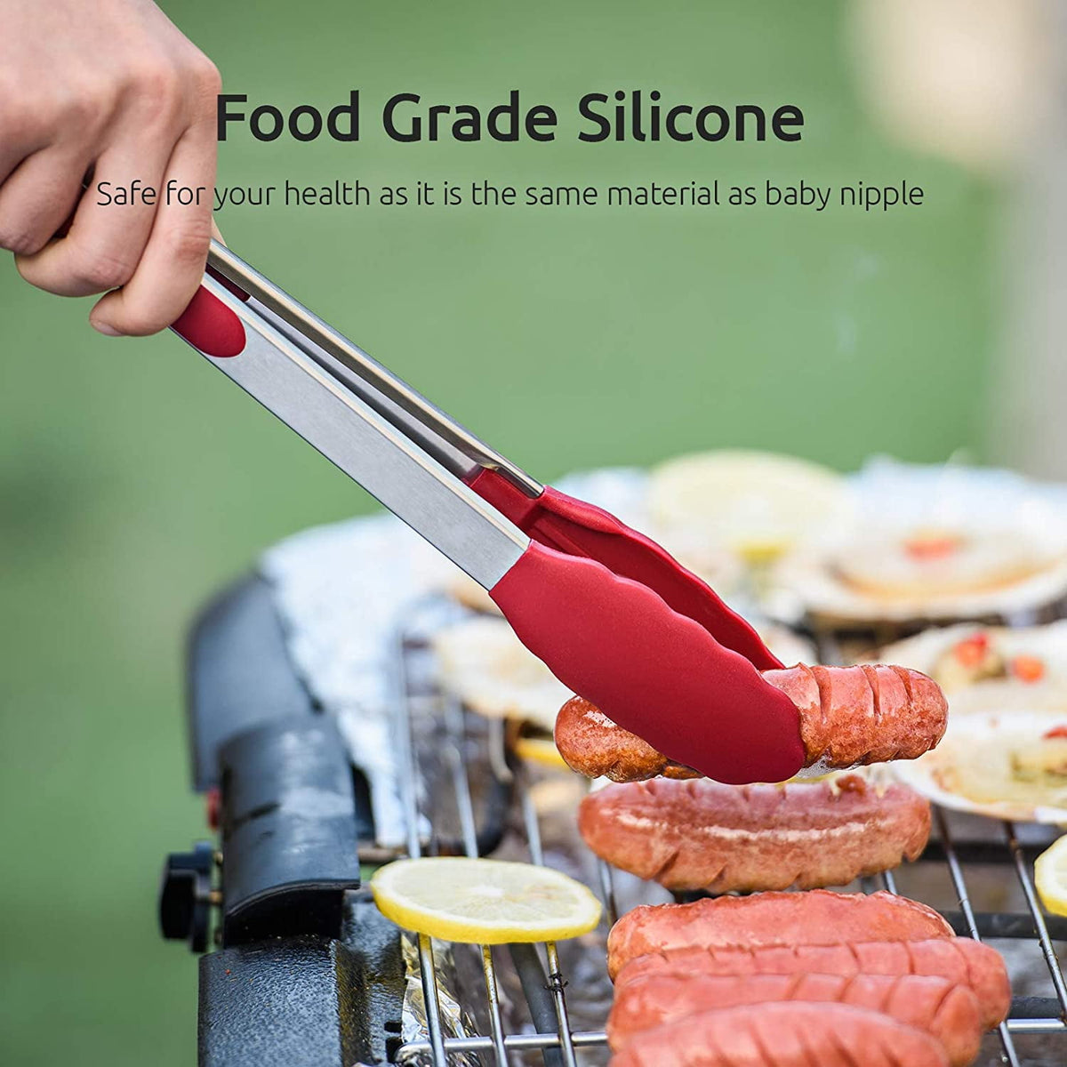 U-Taste 600ºF Heat-Resistant Kitchen Tongs for Cooking, Silicone Tong Utensils Set for Food Serving, Rubber Salad/Grill/BBQ Tongs, 7/9/12in, Red