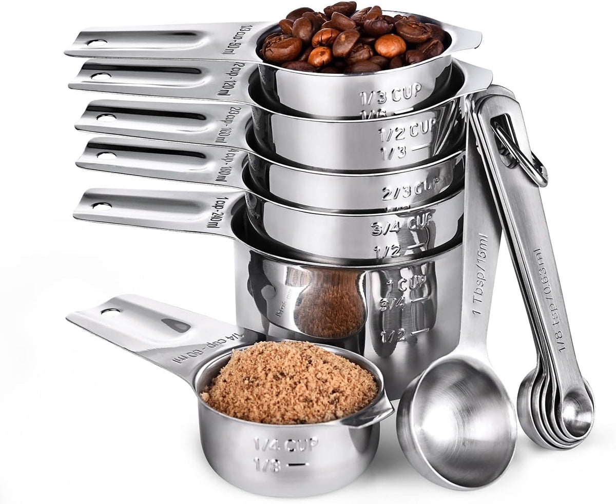 U-Taste Measuring Cups and Spoons Set, 18/8 Stainless Steel Kitchen Gadgets for Cooking Baking, 6 Metal Measure Cups, 6 Measuring Spoons and 2 D-Rings