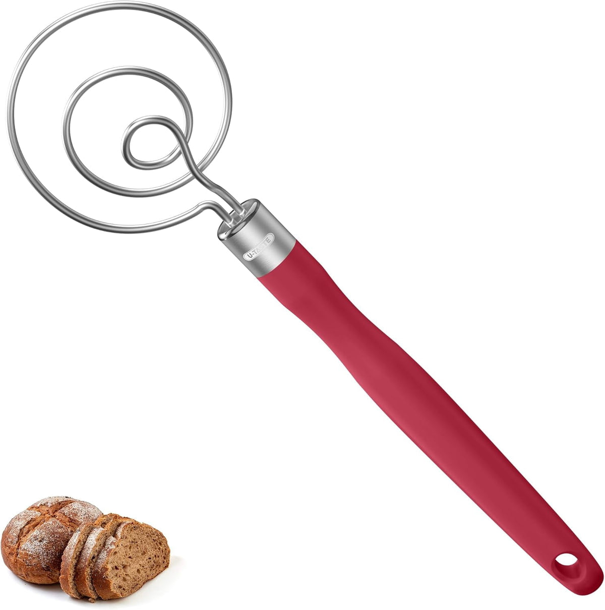U-Taste Danish Dough Whisk, 18/8 Stainless Steel Sourdough Mixer Tool, Long Handle Dutch Bread Wisk for Mixing/Stirring/Kneading Batter, 12.6in , Red