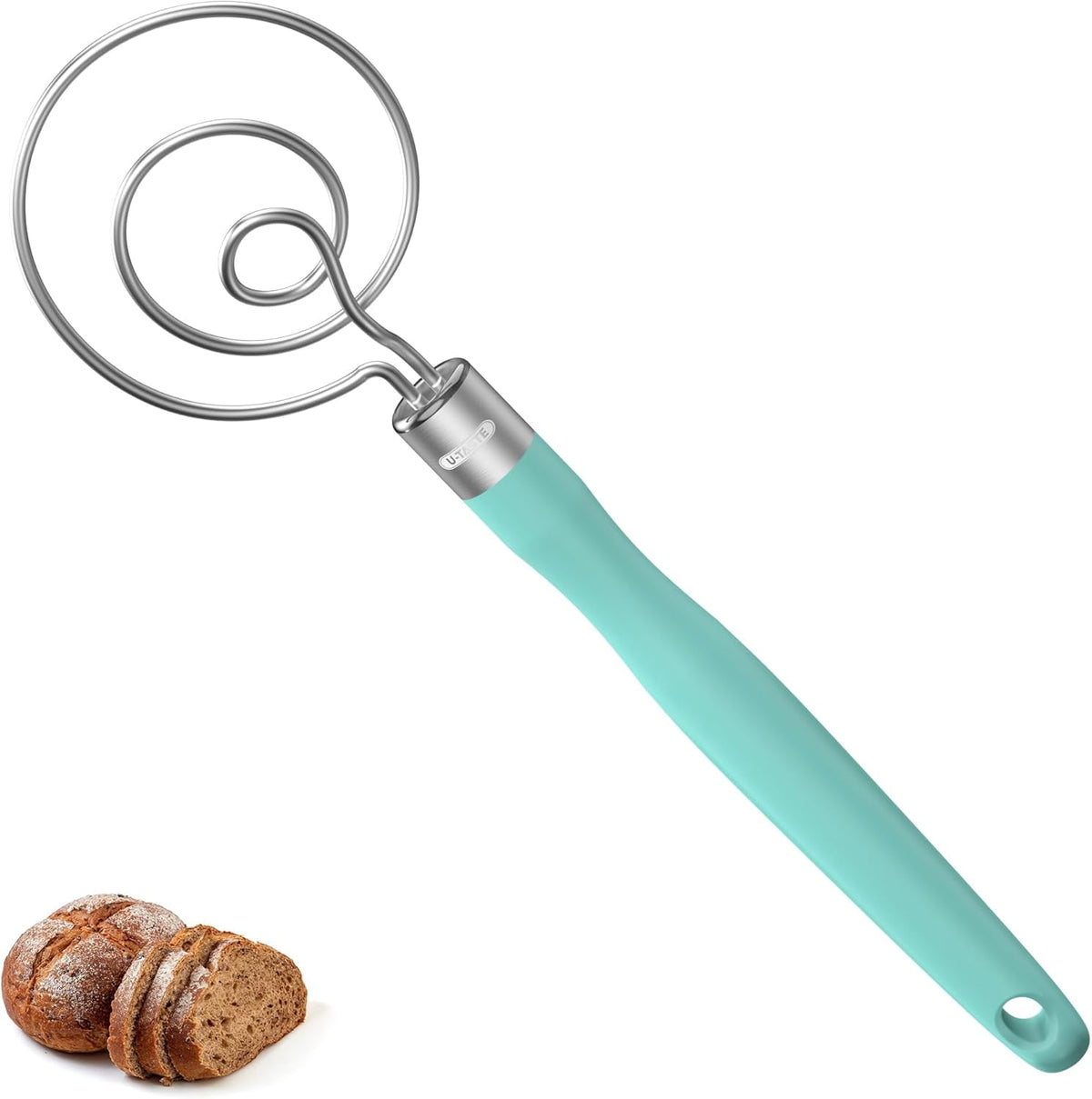 U-Taste Danish Dough Whisk, 18/8 Stainless Steel Sourdough Mixer Tool, Long Handle Dutch Bread Wisk for Mixing/Stirring/Kneading, 12.6in , Aqua Sky