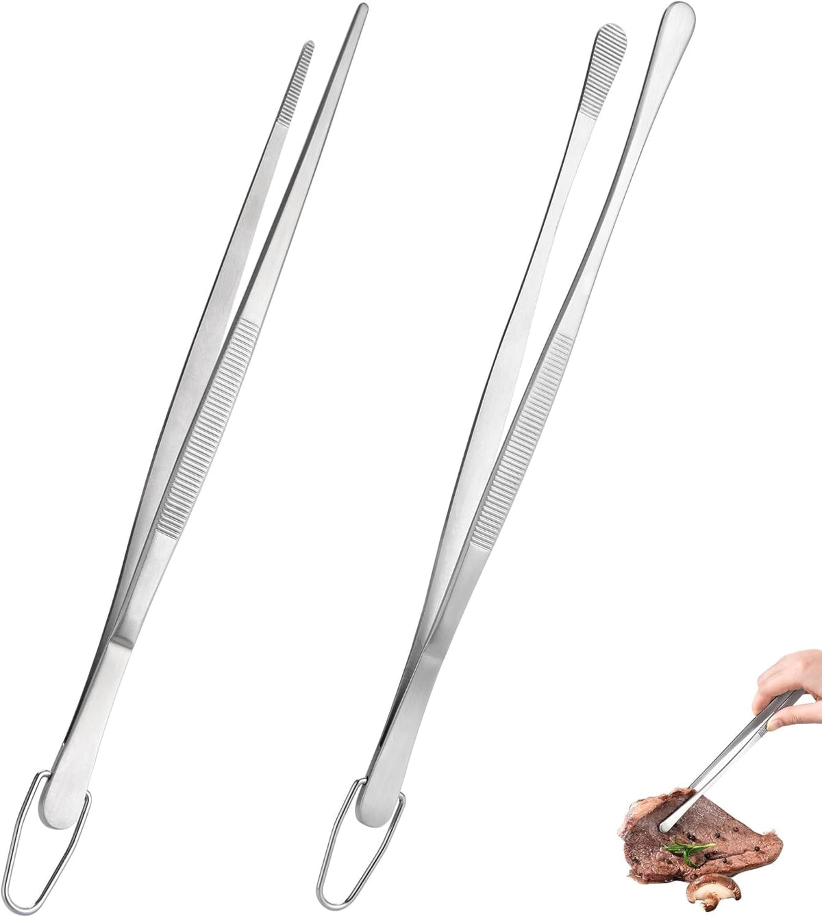 U-Taste Kitchen Cooking Tweezers, 18/8 Stainless Steel Food Grade Metal Food Tong Set, Non Slip Tips for Plating Serving Grill, 12in/Round+Pointed Tip