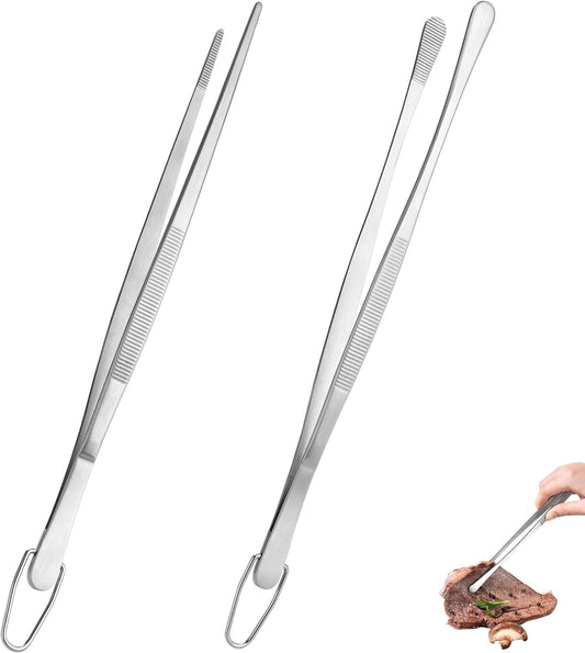 U-Taste Kitchen Cooking Tweezers, 18/8 Stainless Steel Food Grade Metal Food Tong Set, Non Slip Tips for Plating Serving Grill, 12in/Round+Pointed Tip