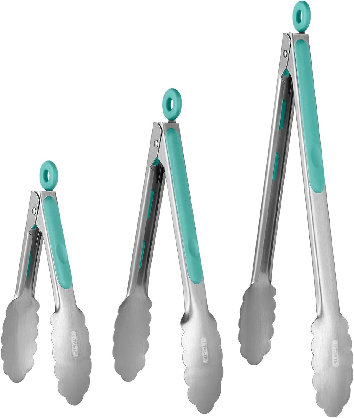 U-Taste 18/8 Stainless Steel Kitchen Tong for Cooking, Metal Tong Utensils Set for Food Serving, Rubber Salad/Grill/BBQ Tongs, 7/9/12in, Aqua Sky