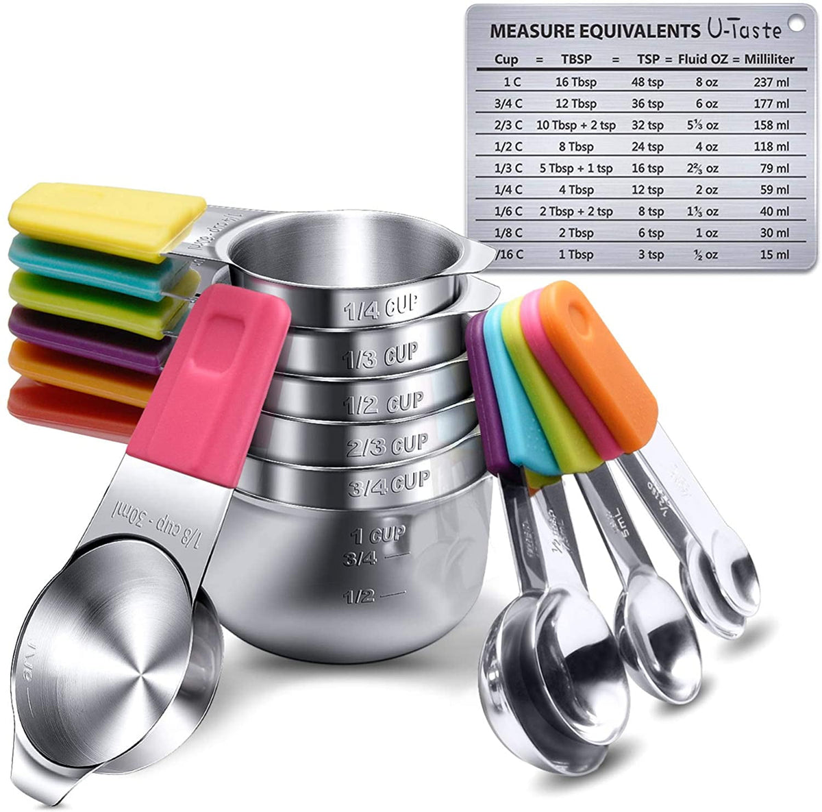 U-Taste 18/8 Stainless Steel Magnetic Measuring Cups and Spoons Set: 13-Piece Metal Stackable Kitchen Measure Set for Baking Cooking, Multicolor