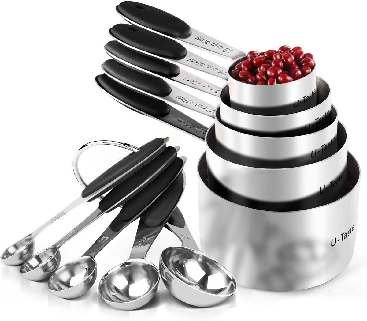 U-Taste 18/8 Stainless Steel Measuring Cups and Spoons Set, Metal Stacking Measure Set for Baking Cooking, Reinforced Welded Joints, 10Pcs, Black