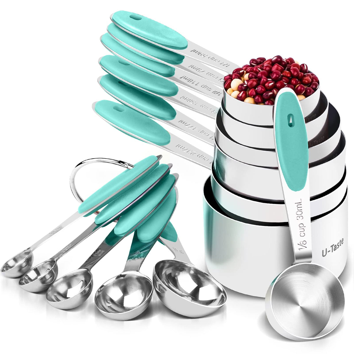 U-Taste 18/8 Stainless Steel Measuring Cups and Spoons Set, Metal Stacking Measure Set for Baking Cooking, Reinforced Welded Joints, 12Pcs, Aqua Sky