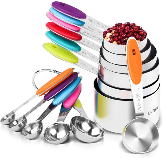 U-Taste 18/8 Stainless Steel Measuring Cups and Spoons Set, Metal Stacking Measure Set for Baking Cooking, Reinforced Welded Joints, 12Pcs, Multicolor