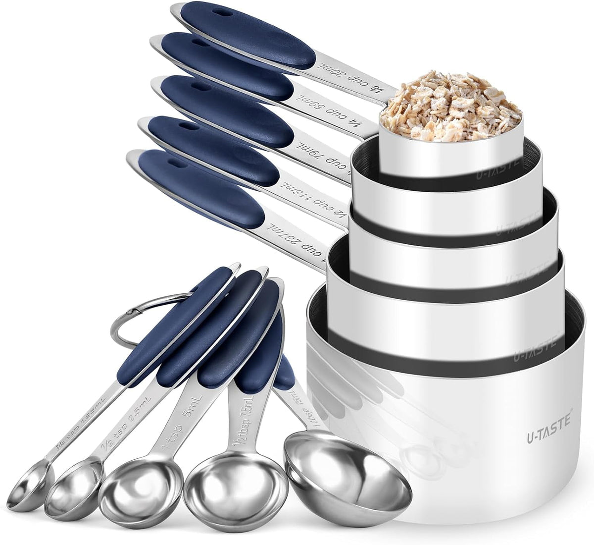 U-Taste 18/8 Stainless Steel Measuring Cups Spoons Set, Metal Stacking Measure Set for Baking Cooking, Reinforced Welded Joints, 10Pcs, Midnight Blue
